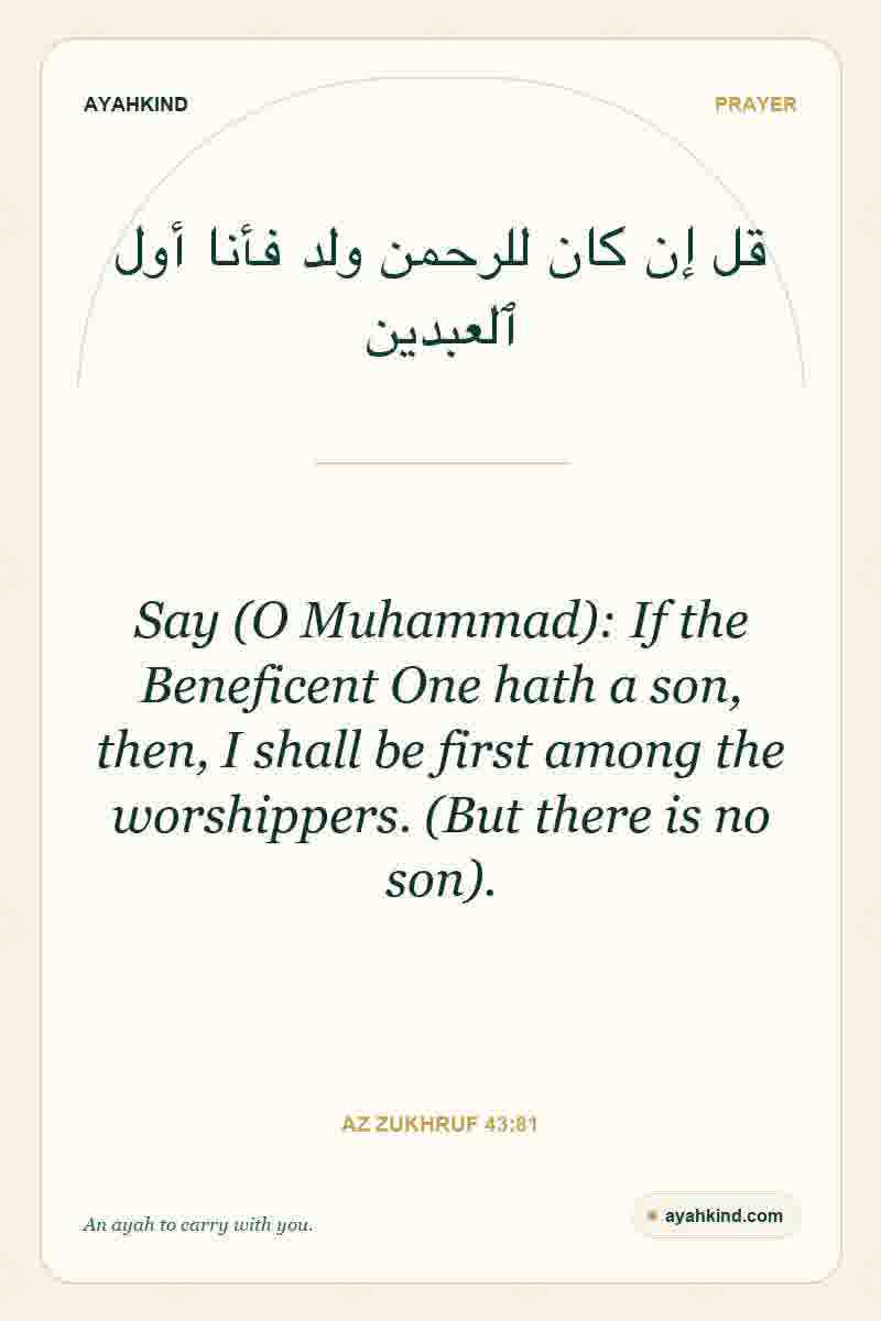Say (O Muhammad): If the Beneficent One hath a son, then, I shall be first among the worshippers. (But there is no son). — Az Zukhruf 43:81