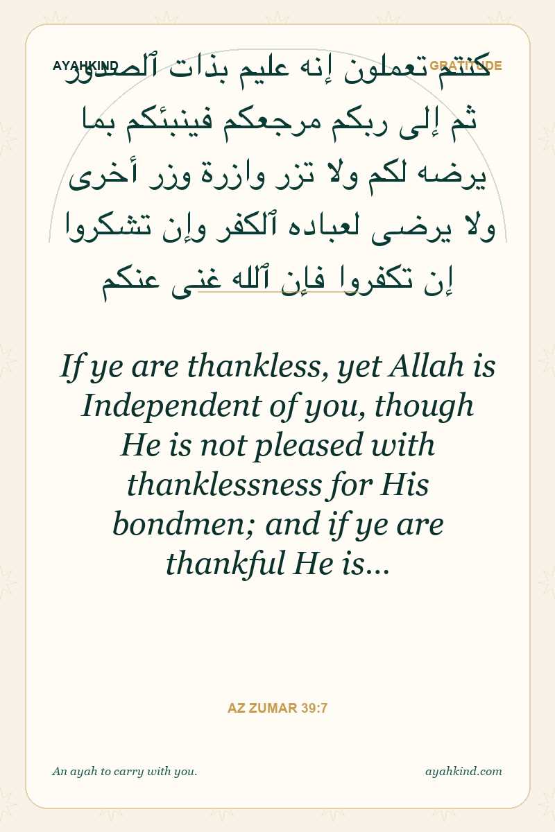 If ye are thankless, yet Allah is Independent of you, though He is not pleased with thanklessness for His bondmen; and if ye are thankful He is… — Az Zumar 39:7