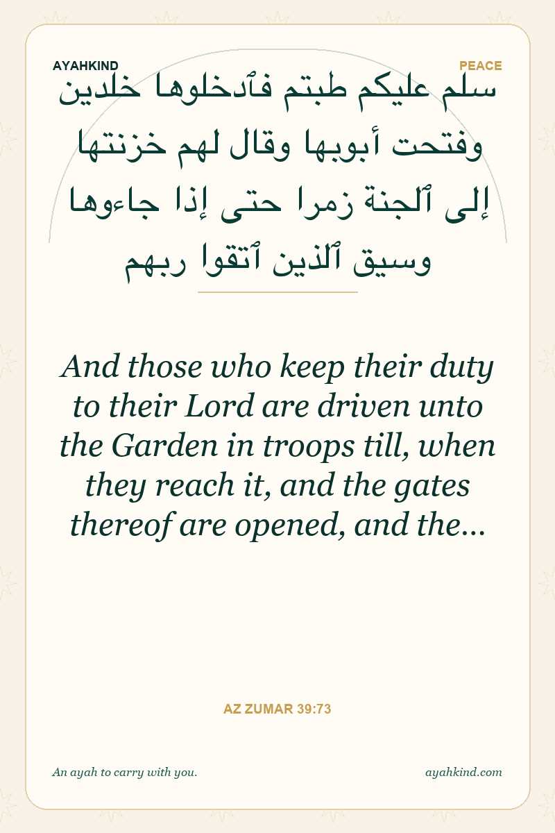 And those who keep their duty to their Lord are driven unto the Garden in troops till, when they reach it, and the gates thereof are opened, and the… — Az Zumar 39:73
