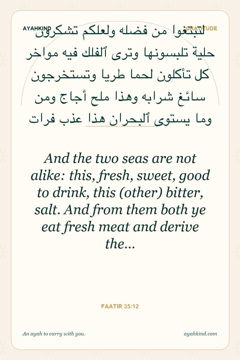 And the two seas are not alike: this, fresh, sweet, good to drink, this (other) bitter, salt. And from them both ye eat fresh meat and derive the… — Faatir 35:12