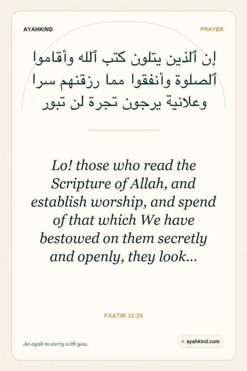 Lo! those who read the Scripture of Allah, and establish worship, and spend of that which We have bestowed on them secretly and openly, they look… — Faatir 35:29