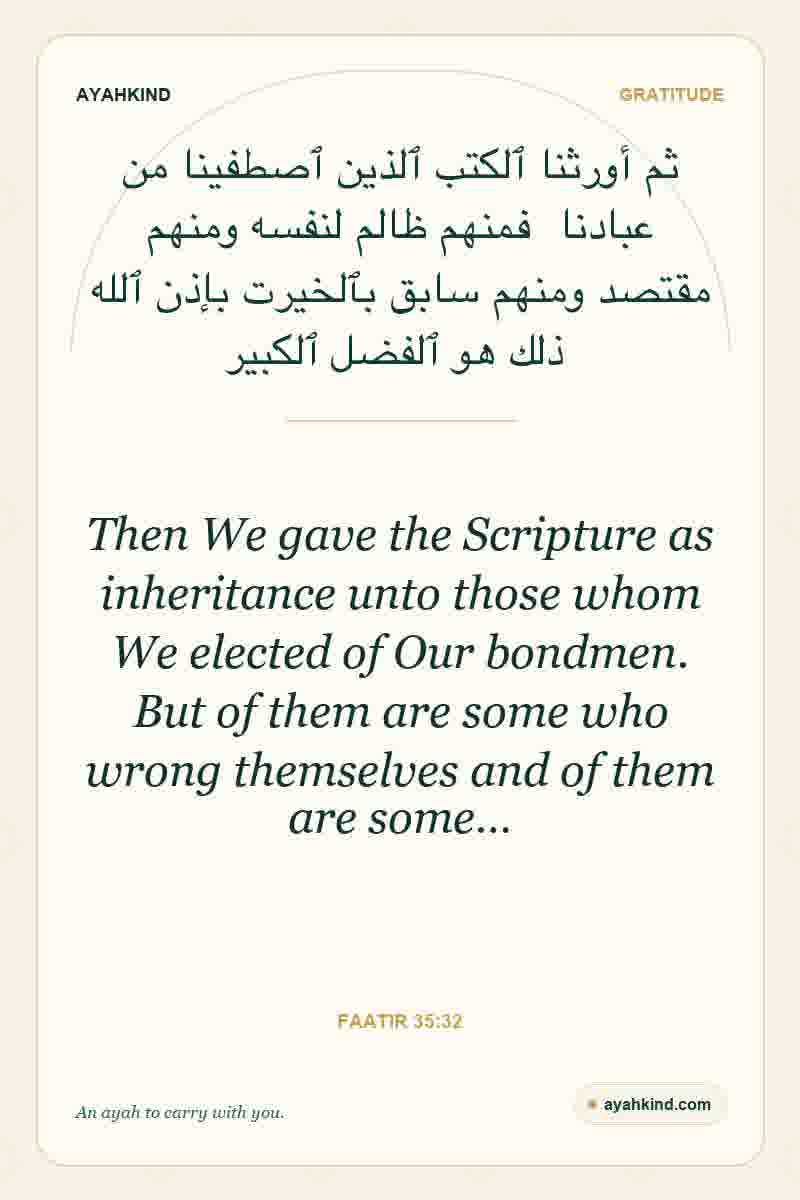 Then We gave the Scripture as inheritance unto those whom We elected of Our bondmen. But of them are some who wrong themselves and of them are some… — Faatir 35:32