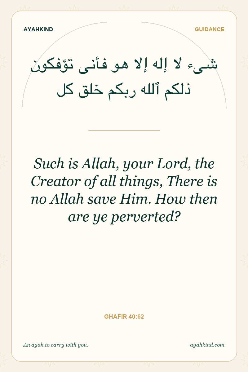 Such is Allah, your Lord, the Creator of all things, There is no Allah save Him. How then are ye perverted? — Ghafir 40:62