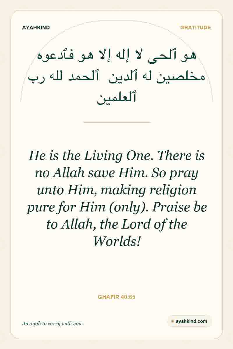 He is the Living One. There is no Allah save Him. So pray unto Him, making religion pure for Him (only). Praise be to Allah, the Lord of the Worlds! — Ghafir 40:65