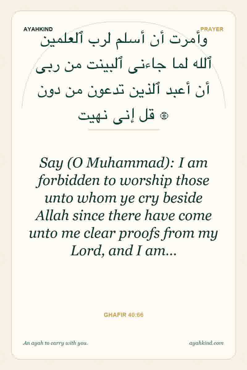 Say (O Muhammad): I am forbidden to worship those unto whom ye cry beside Allah since there have come unto me clear proofs from my Lord, and I am… — Ghafir 40:66