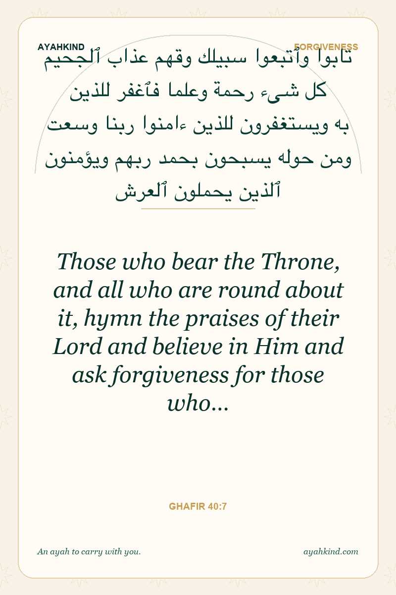 Those who bear the Throne, and all who are round about it, hymn the praises of their Lord and believe in Him and ask forgiveness for those who… — Ghafir 40:7