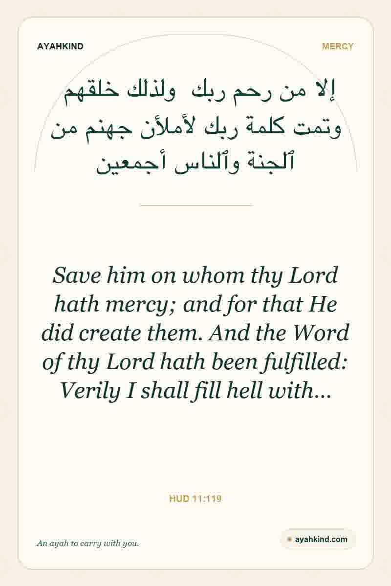 Save him on whom thy Lord hath mercy; and for that He did create them. And the Word of thy Lord hath been fulfilled: Verily I shall fill hell with… — Hud 11:119