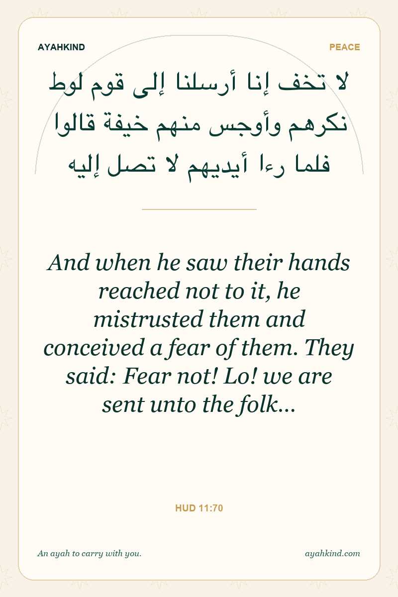 And when he saw their hands reached not to it, he mistrusted them and conceived a fear of them. They said: Fear not! Lo! we are sent unto the folk… — Hud 11:70