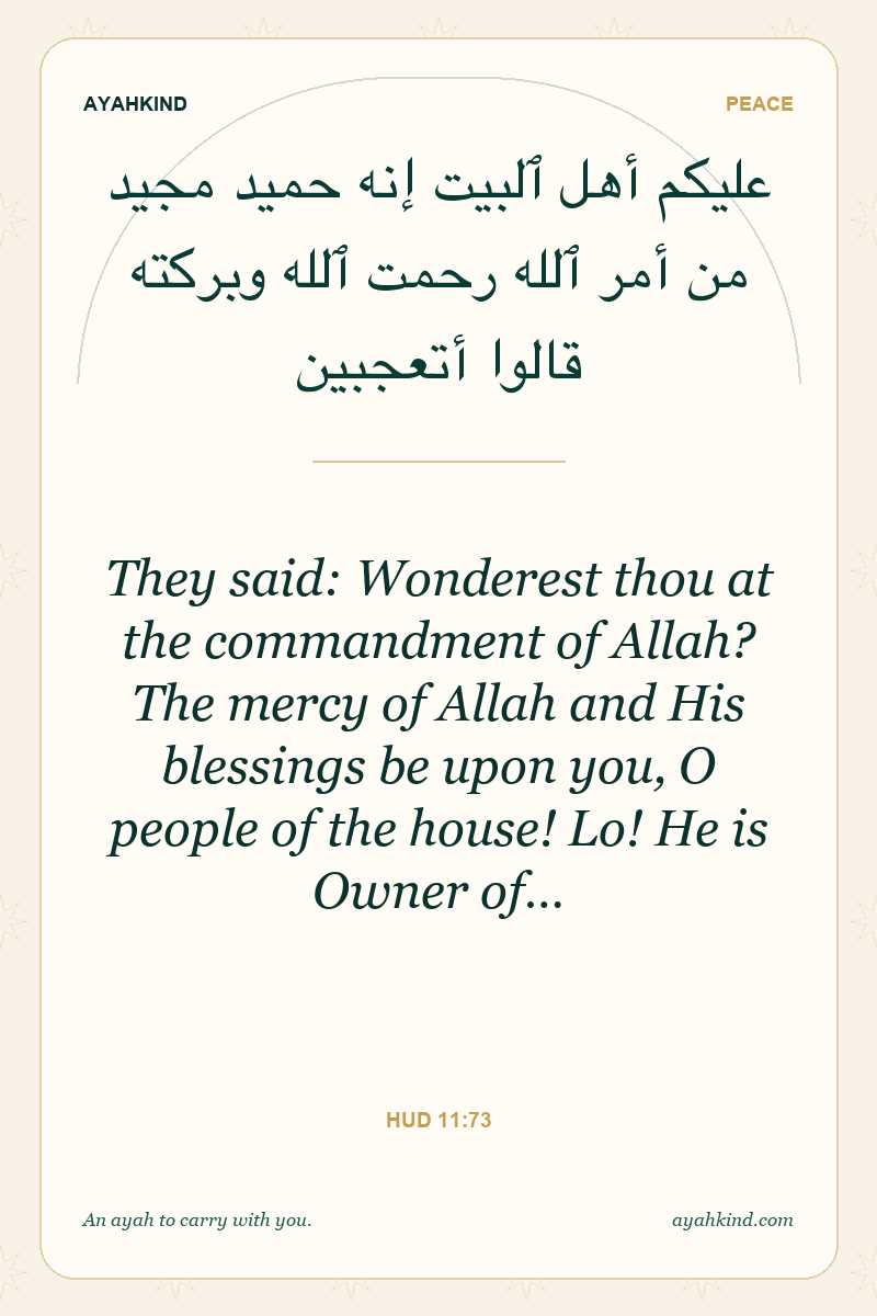 They said: Wonderest thou at the commandment of Allah? The mercy of Allah and His blessings be upon you, O people of the house! Lo! He is Owner of… — Hud 11:73
