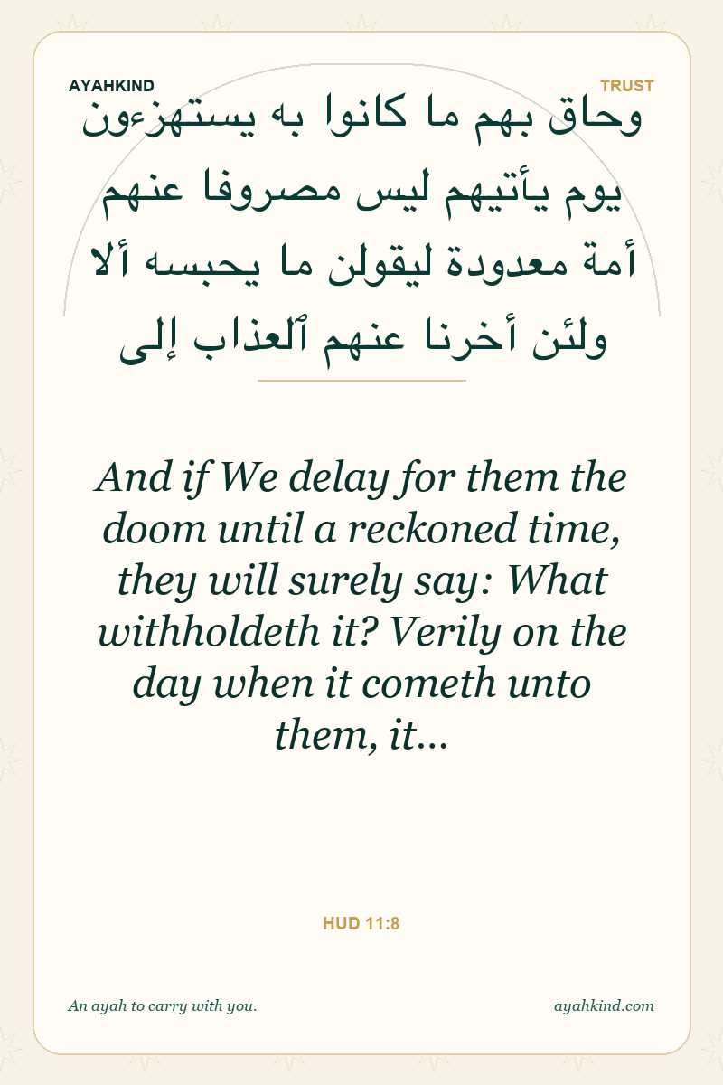 And if We delay for them the doom until a reckoned time, they will surely say: What withholdeth it? Verily on the day when it cometh unto them, it… — Hud 11:8