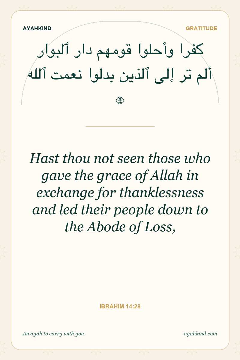 Hast thou not seen those who gave the grace of Allah in exchange for thanklessness and led their people down to the Abode of Loss, — Ibrahim 14:28