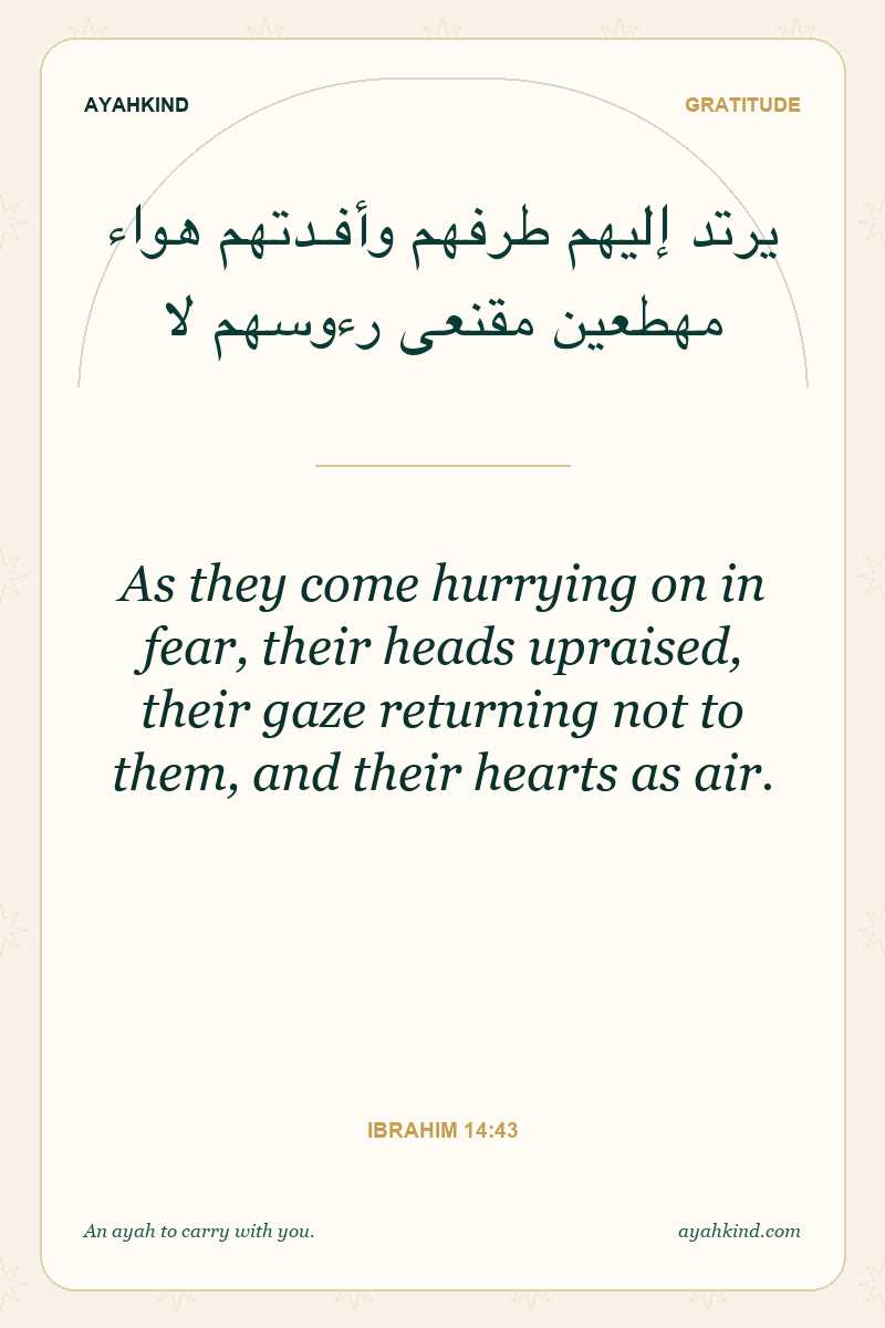 As they come hurrying on in fear, their heads upraised, their gaze returning not to them, and their hearts as air. — Ibrahim 14:43