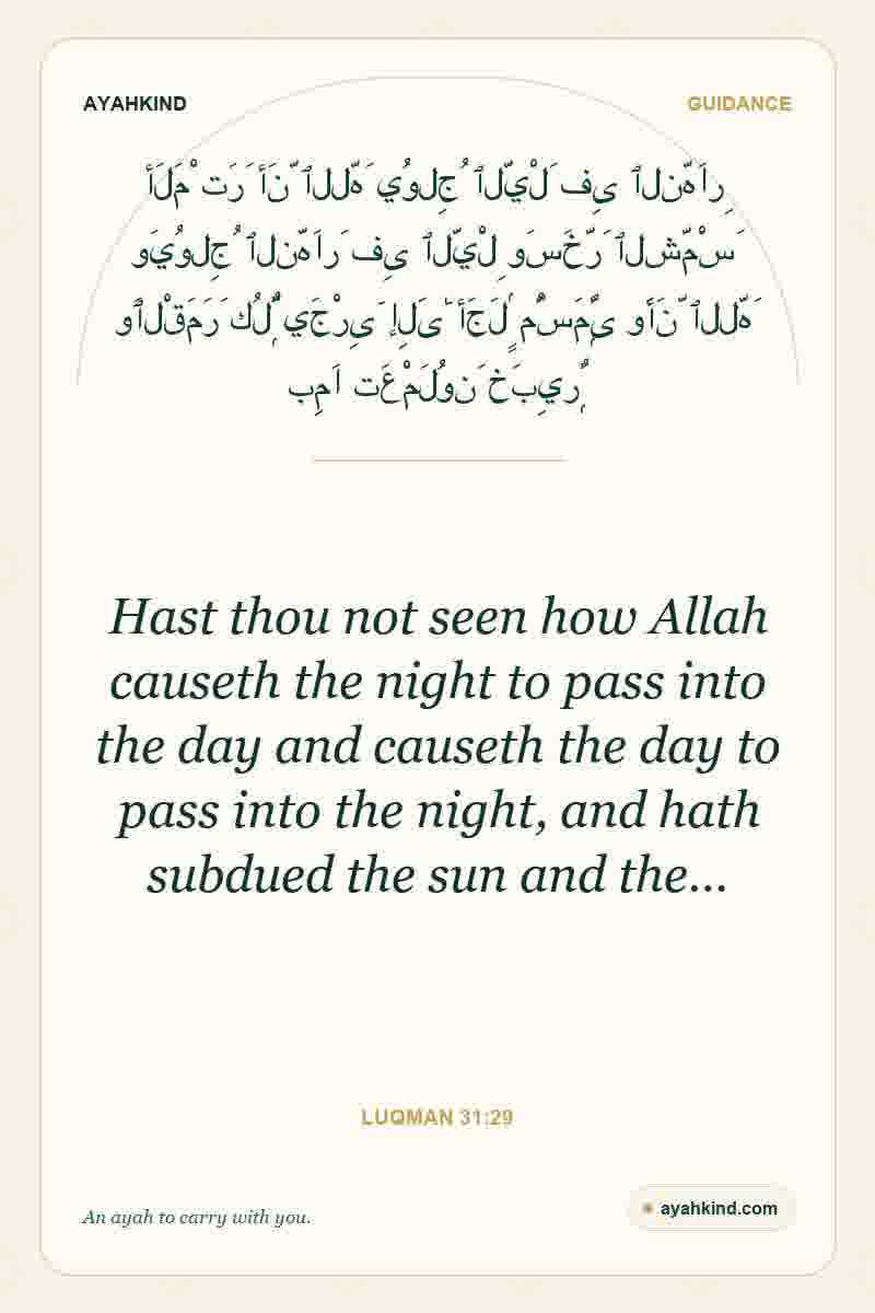 Hast thou not seen how Allah causeth the night to pass into the day and causeth the day to pass into the night, and hath subdued the sun and the… — Luqman 31:29