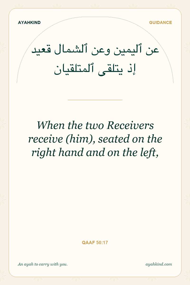 When the two Receivers receive (him), seated on the right hand and on the left, — Qaaf 50:17