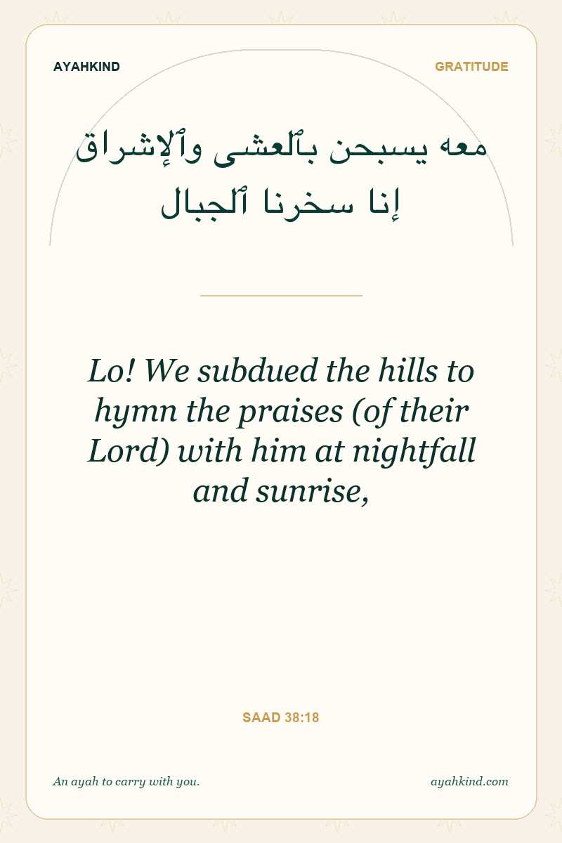 Lo! We subdued the hills to hymn the praises (of their Lord) with him at nightfall and sunrise, — Saad 38:18