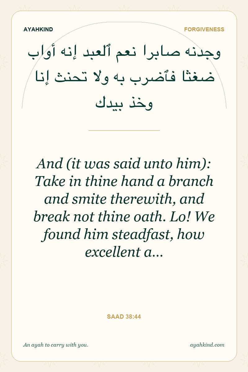 And (it was said unto him): Take in thine hand a branch and smite therewith, and break not thine oath. Lo! We found him steadfast, how excellent a… — Saad 38:44