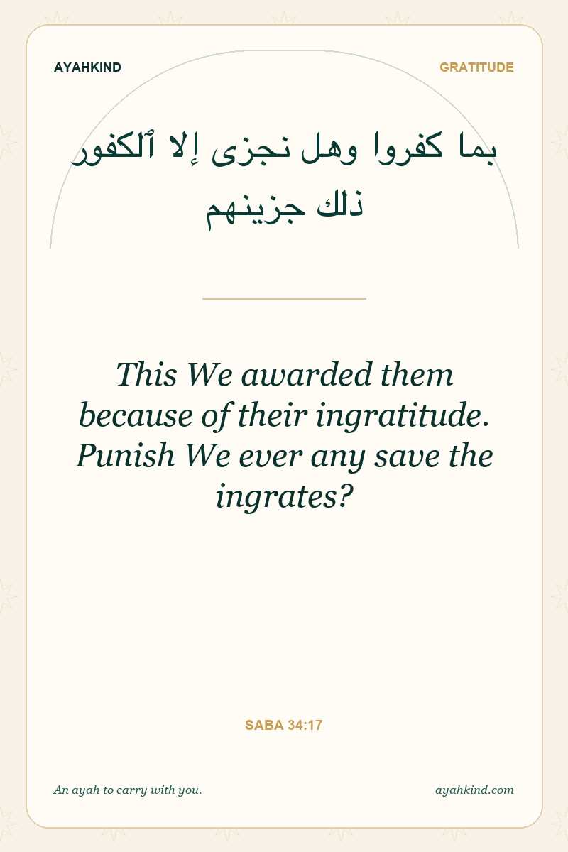 This We awarded them because of their ingratitude. Punish We ever any save the ingrates? — Saba 34:17
