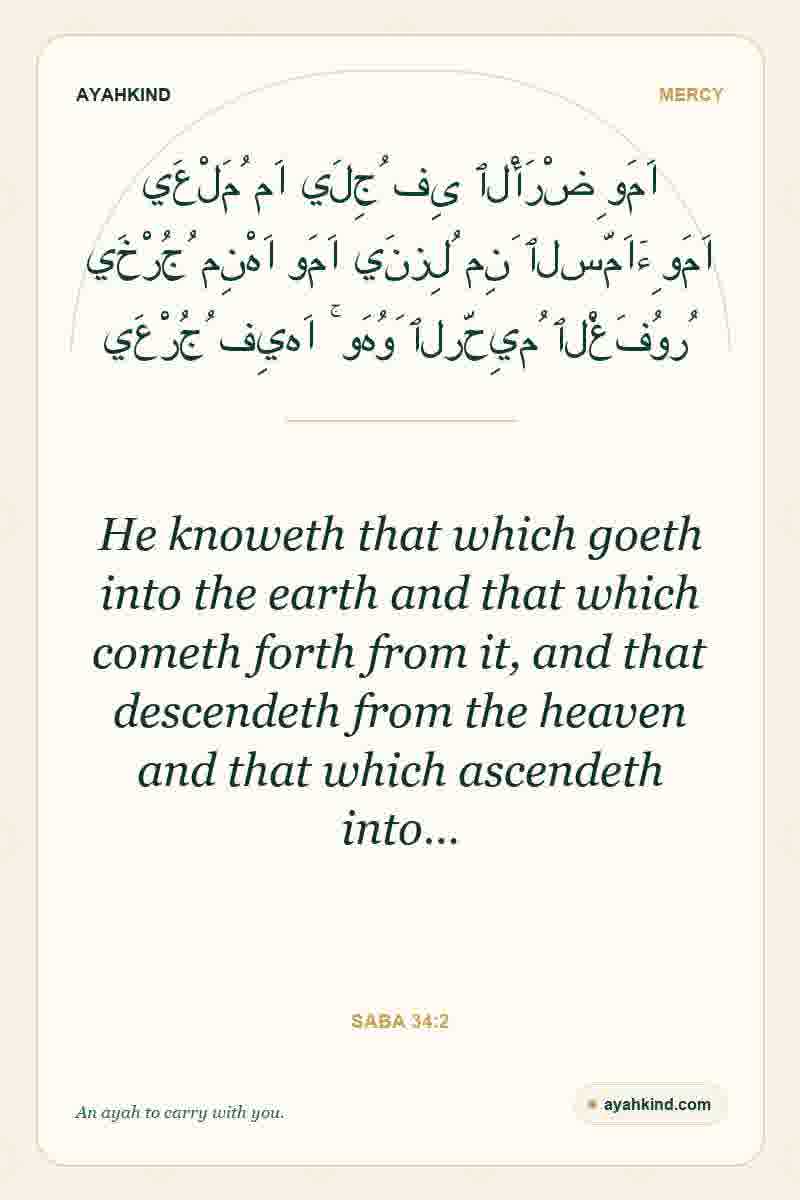 He knoweth that which goeth into the earth and that which cometh forth from it, and that descendeth from the heaven and that which ascendeth into… — Saba 34:2