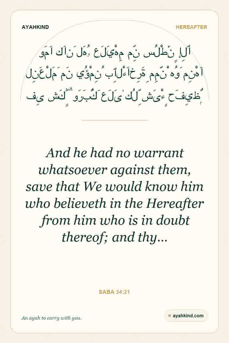 And he had no warrant whatsoever against them, save that We would know him who believeth in the Hereafter from him who is in doubt thereof; and thy… — Saba 34:21