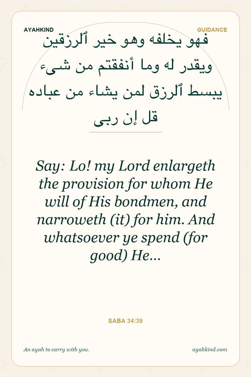 Say: Lo! my Lord enlargeth the provision for whom He will of His bondmen, and narroweth (it) for him. And whatsoever ye spend (for good) He… — Saba 34:39