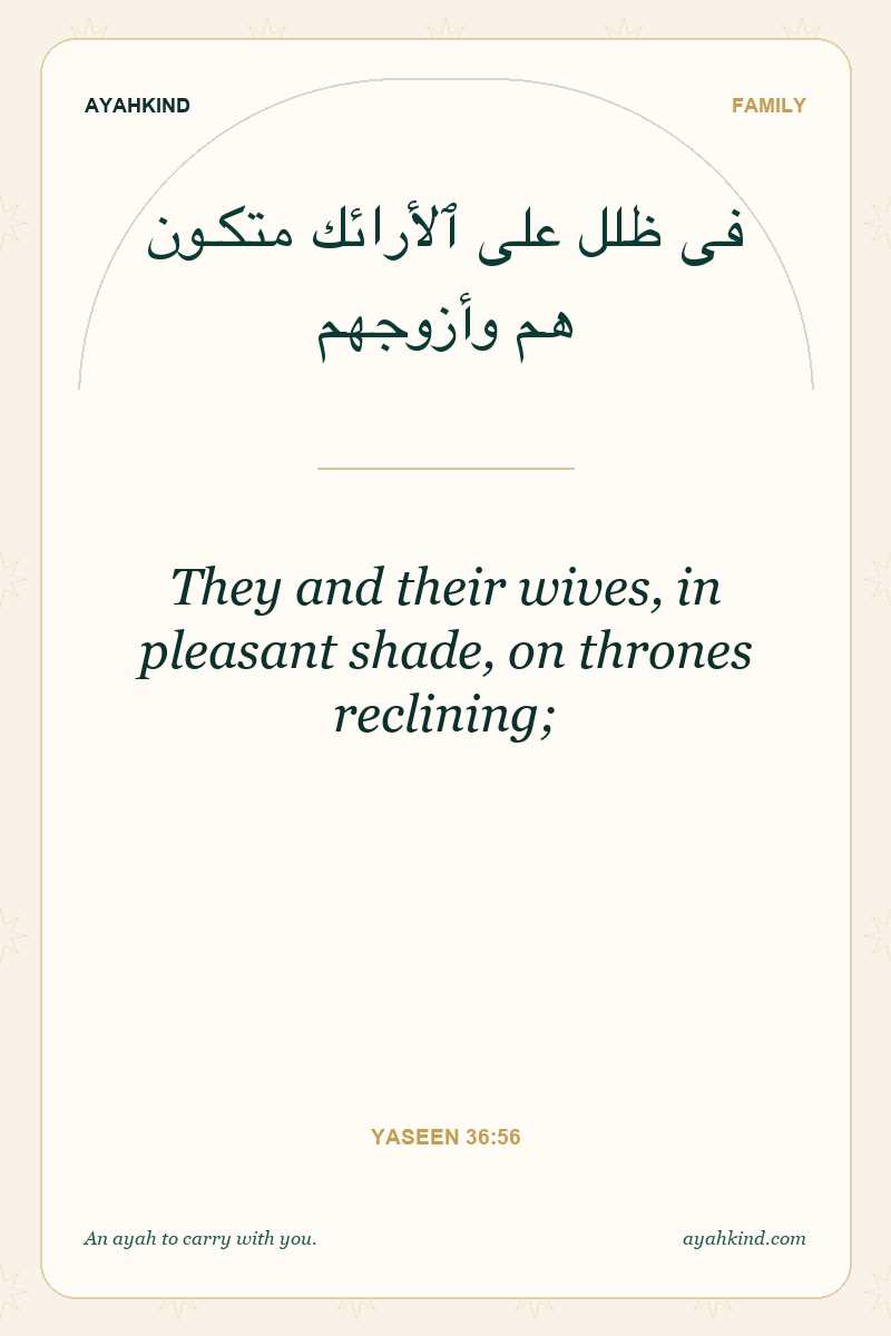 They and their wives, in pleasant shade, on thrones reclining; — Yaseen 36:56