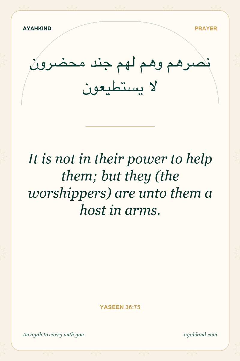 It is not in their power to help them; but they (the worshippers) are unto them a host in arms. — Yaseen 36:75
