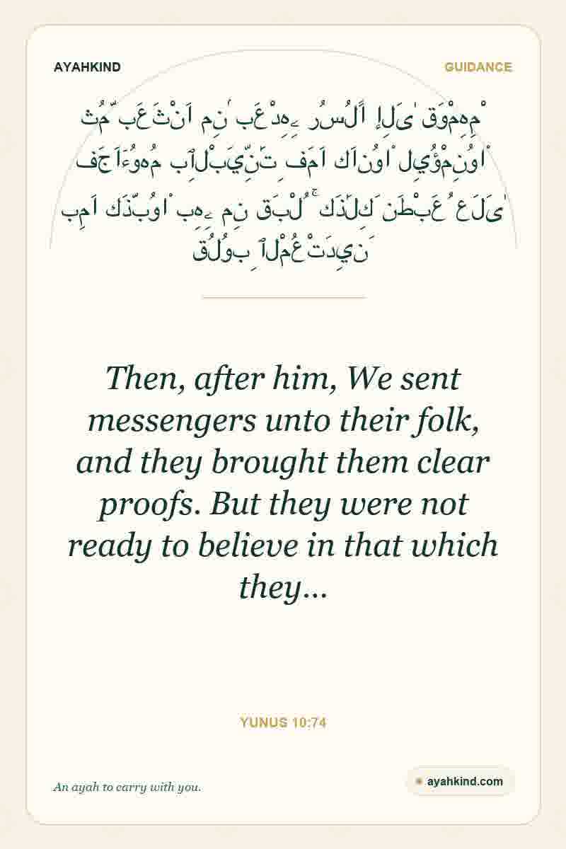 Then, after him, We sent messengers unto their folk, and they brought them clear proofs. But they were not ready to believe in that which they… — Yunus 10:74