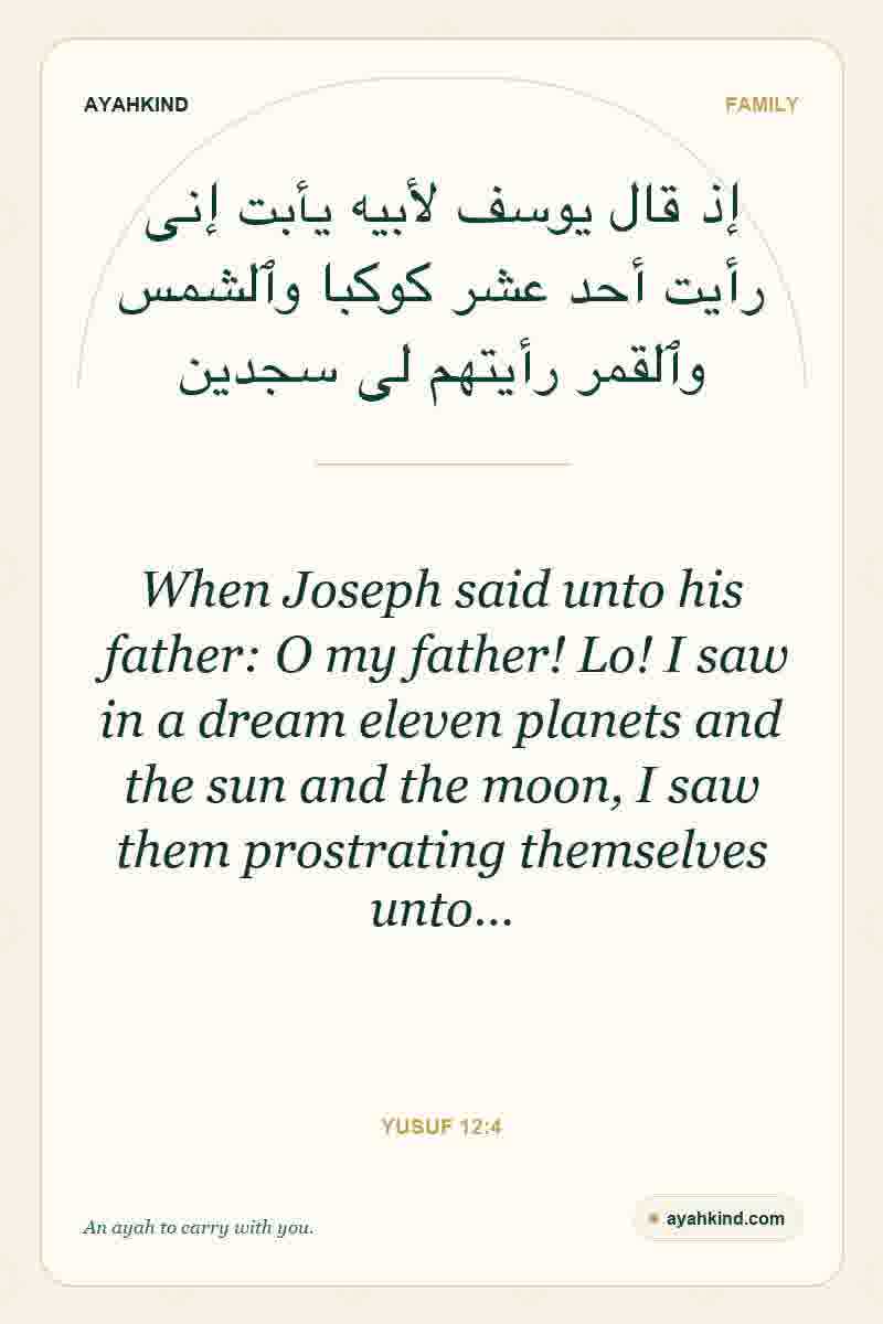 When Joseph said unto his father: O my father! Lo! I saw in a dream eleven planets and the sun and the moon, I saw them prostrating themselves unto… — Yusuf 12:4